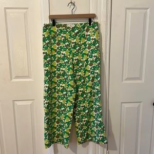 Mango white and green funky floral wide leg pants size US 12 / EUR 44